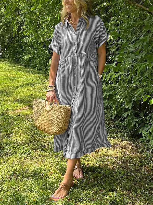 Amandine | Vestido camisa elegante a rayas con cuello de solapa