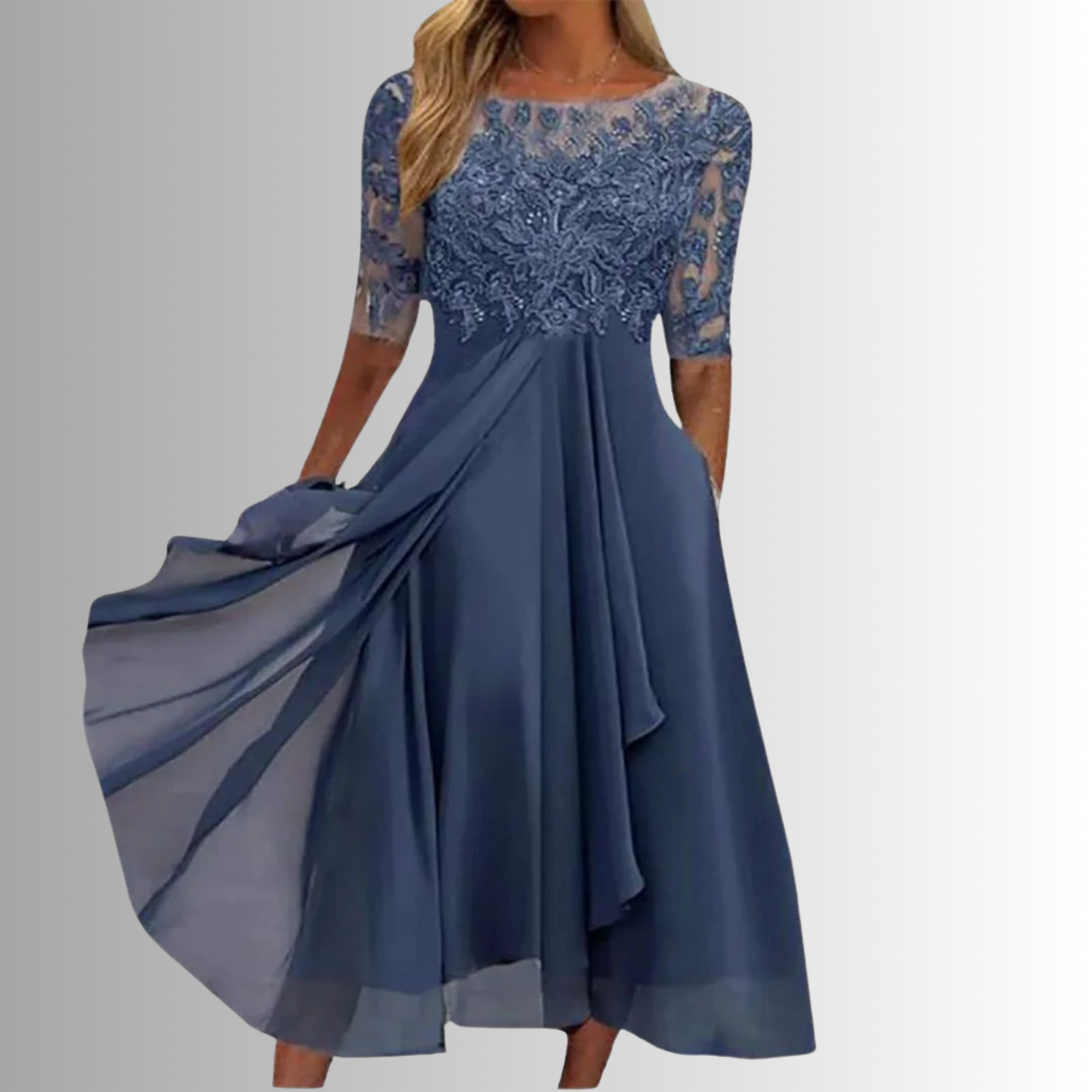 Rhonda | Vestido Midi de Chifón Bordado con Encaje