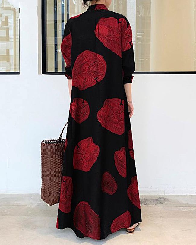 Ropa larga de lino con mangas largas y bloques de colores Impresión Contraste Suelta Grande tamaño Maxi Vestidos
