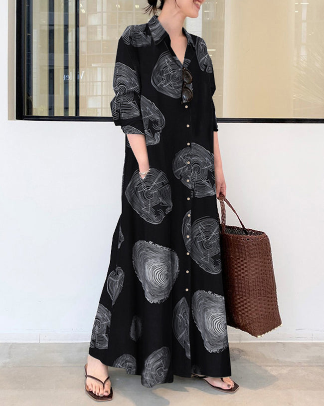 Ropa larga de lino con mangas largas y bloques de colores Impresión Contraste Suelta Grande tamaño Maxi Vestidos