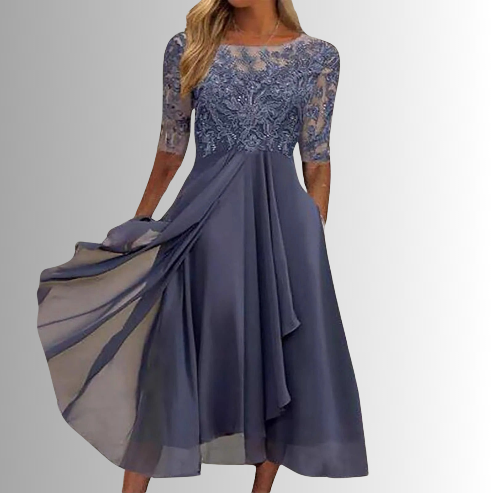 Rhonda | Vestido Midi de Chifón Bordado con Encaje