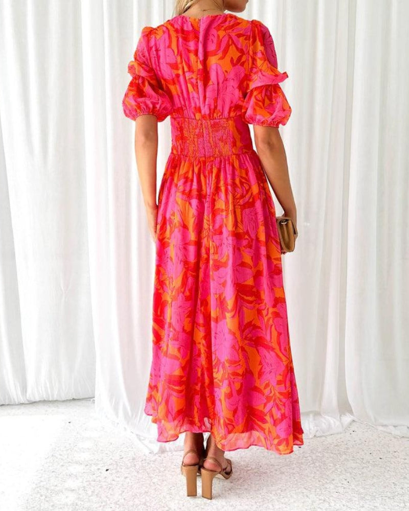 Alva - Elegante vestido maxi de manga abullonada con escote en V