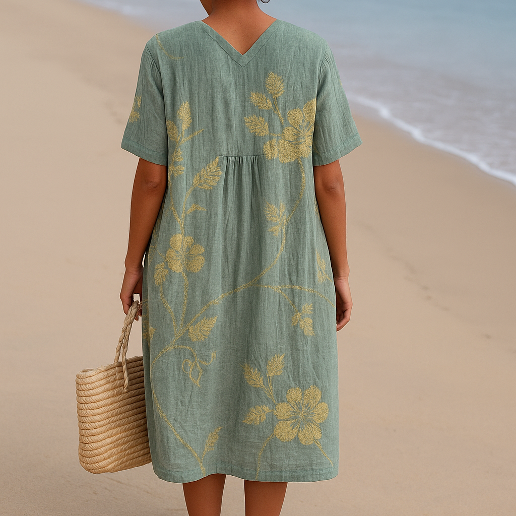 Olivia | Vestido azul-gris con bordados florales