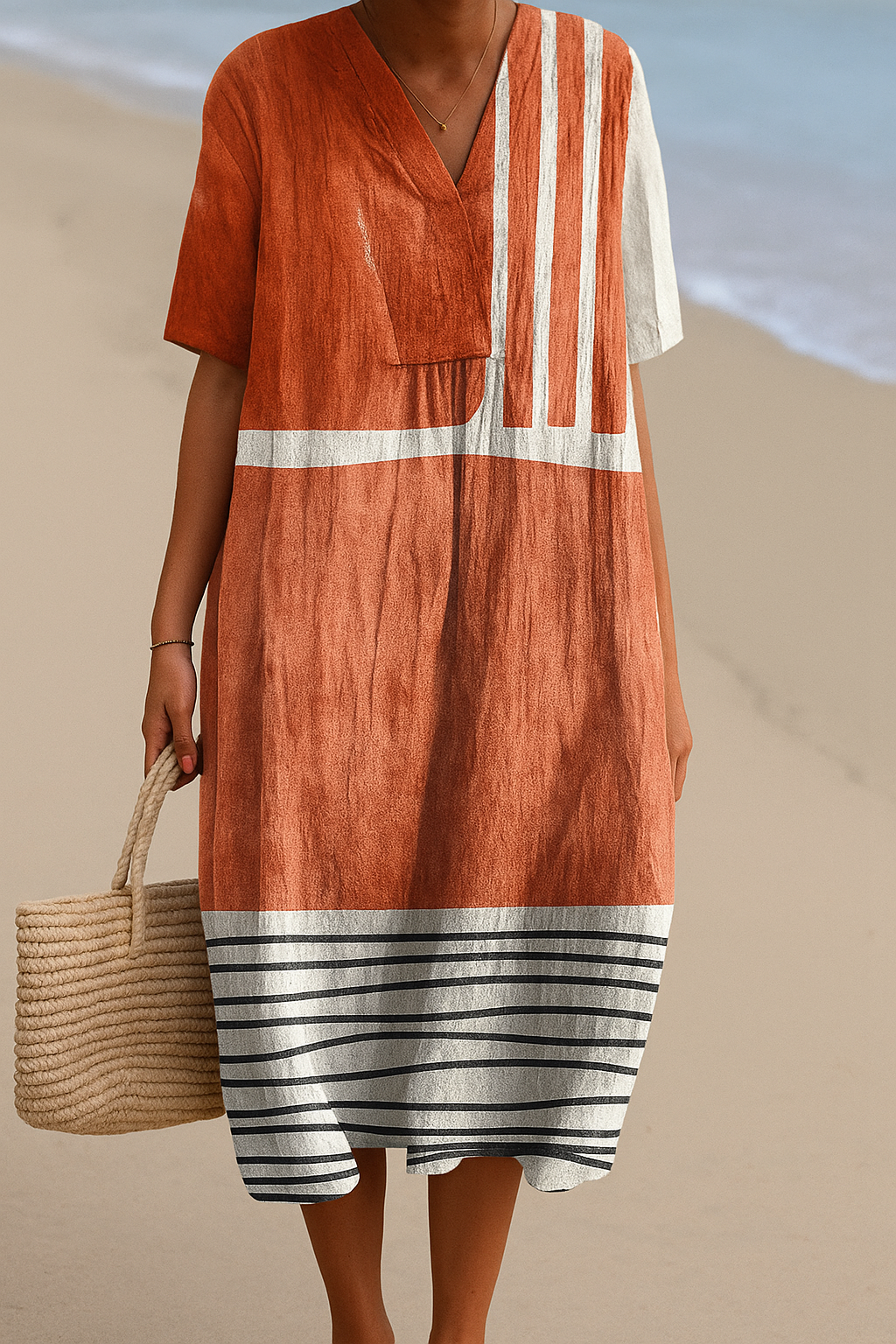Mara | Vestido terracota con rayas gráficas
