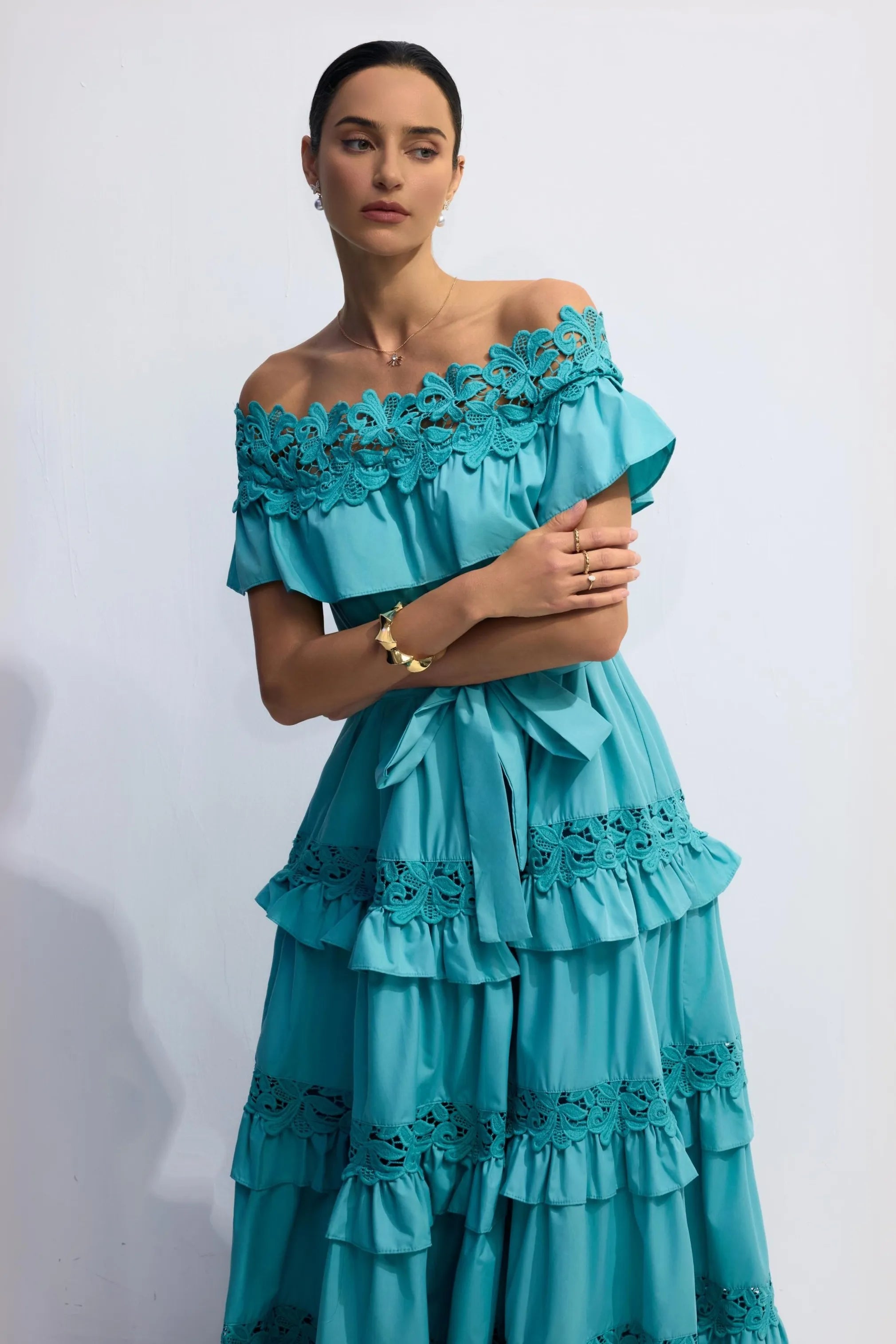 Vestido Maxi de Algodón con Hombros Descubiertos ALVÉA