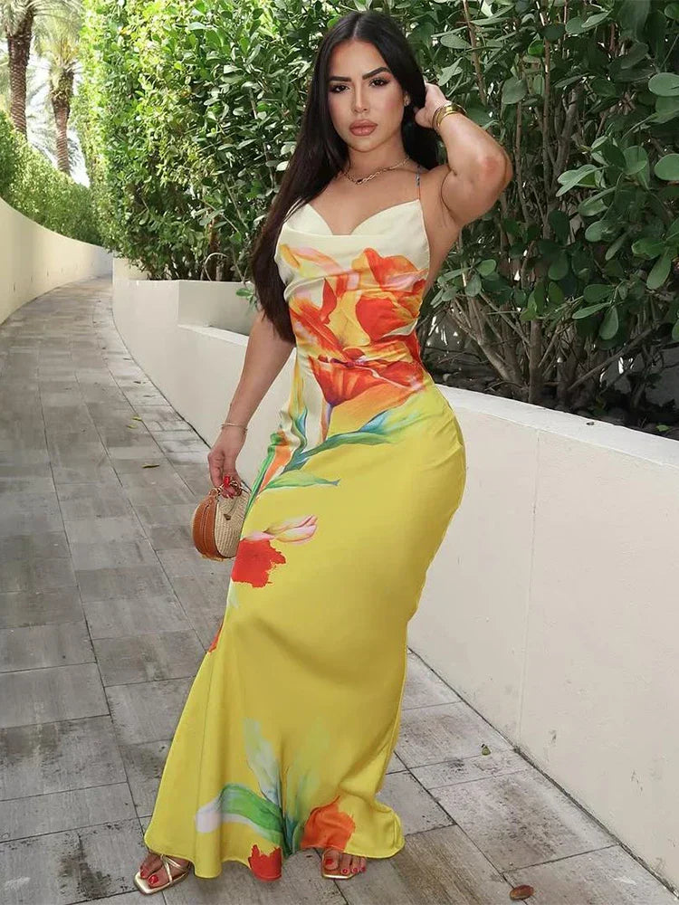 Amina | Elegante Vestido Maxi de Satén con Flores