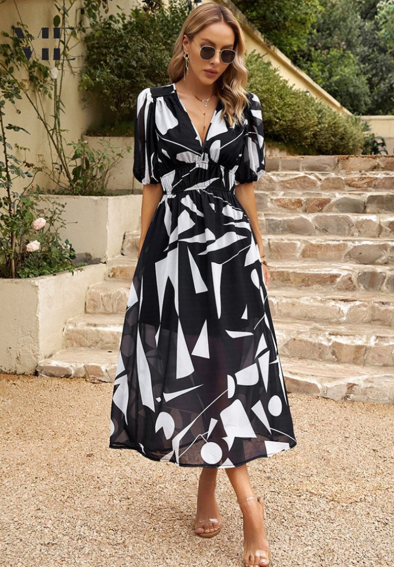 Monica | Vestido Midi Floral con Mangas Abullonadas