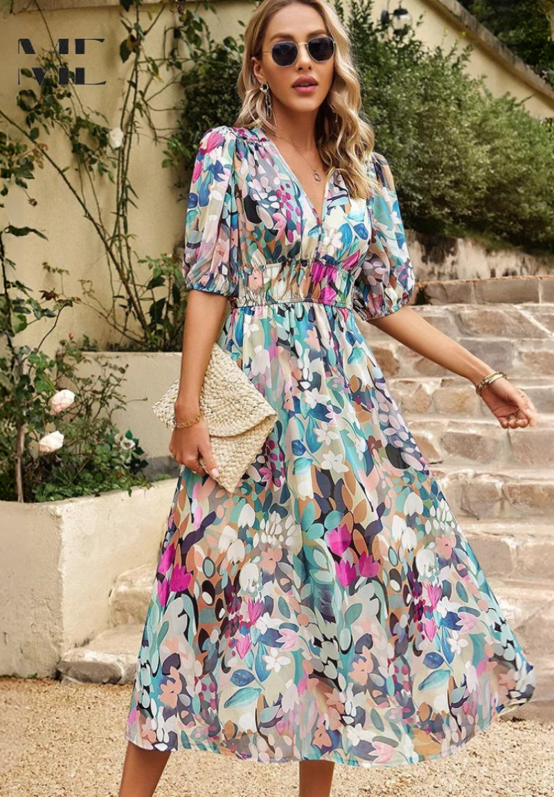 Monica | Vestido Midi Floral con Mangas Abullonadas