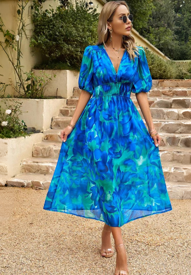 Monica | Vestido Midi Floral con Mangas Abullonadas