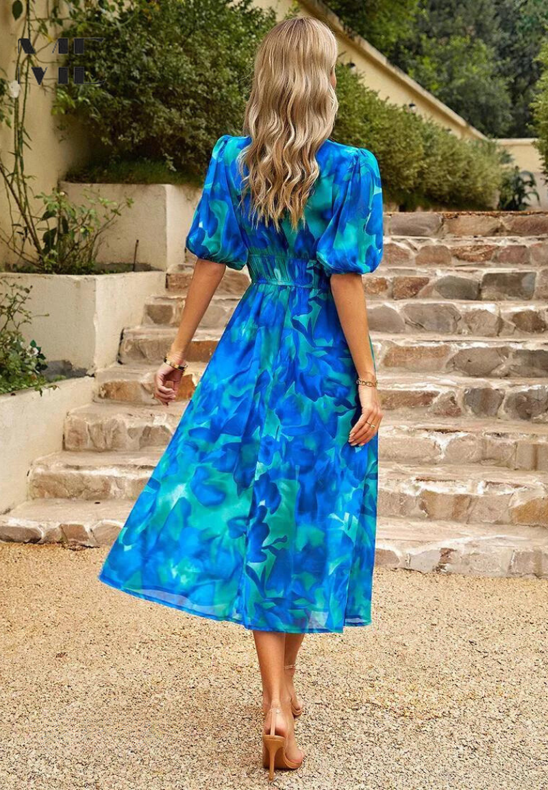 Monica | Vestido Midi Floral con Mangas Abullonadas