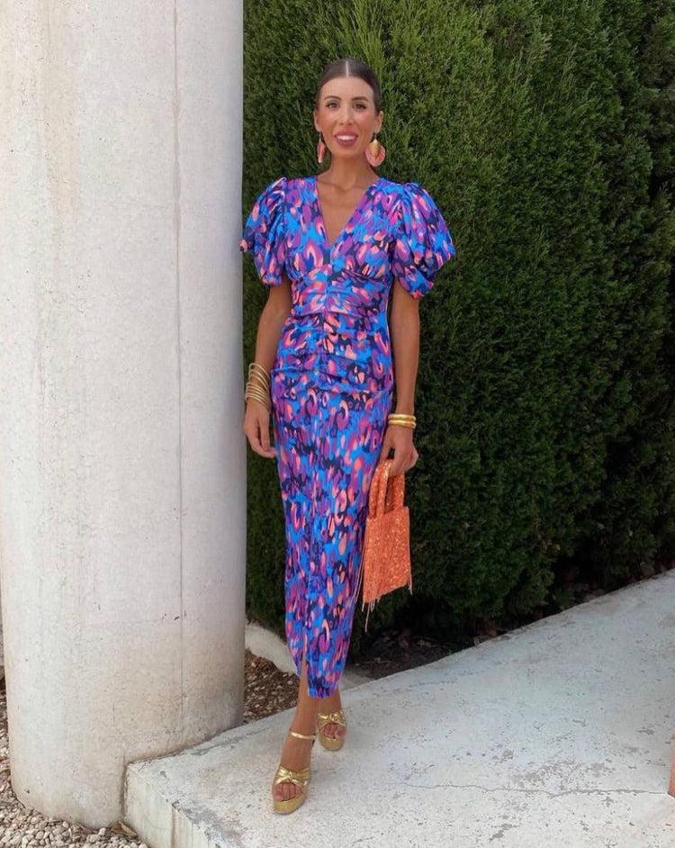 Loren - Vestido Midi con Mangas Abullonadas