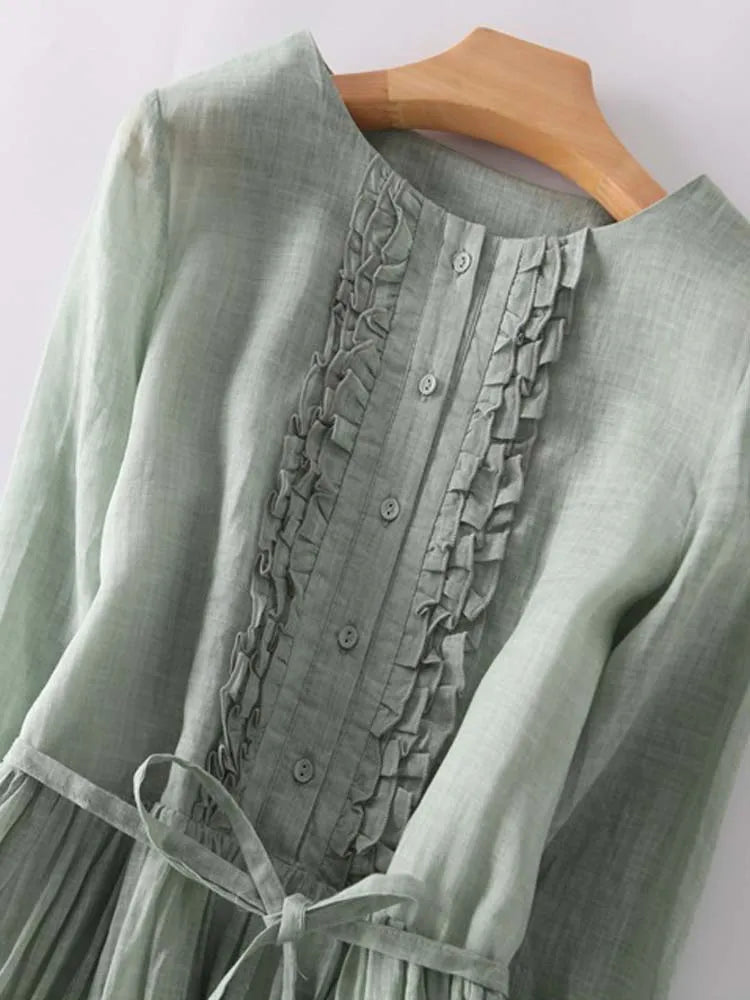 ARIAH | Women's Retro Style Dress with Round Neck and Waist Ties