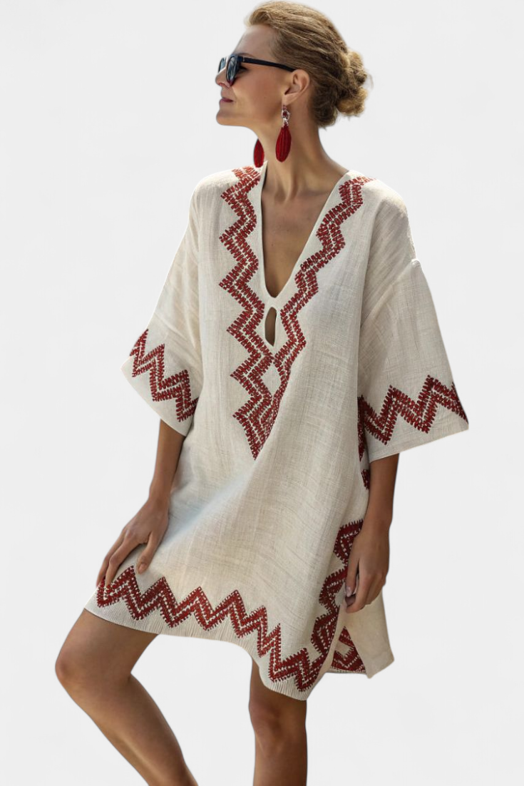 Kailani Túnica Étnica con Detalles Zigzag y Escote Profundo