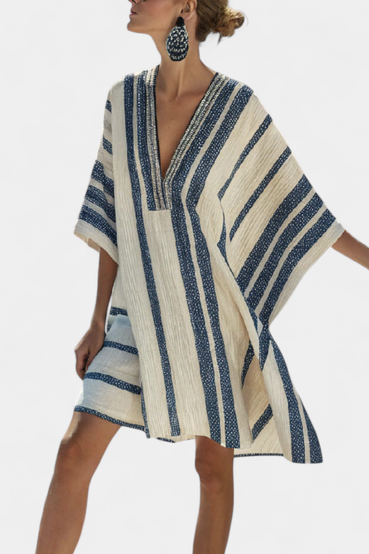 Kailani Vestido Corto de Rayas Negras con Estilo Mediterráneo