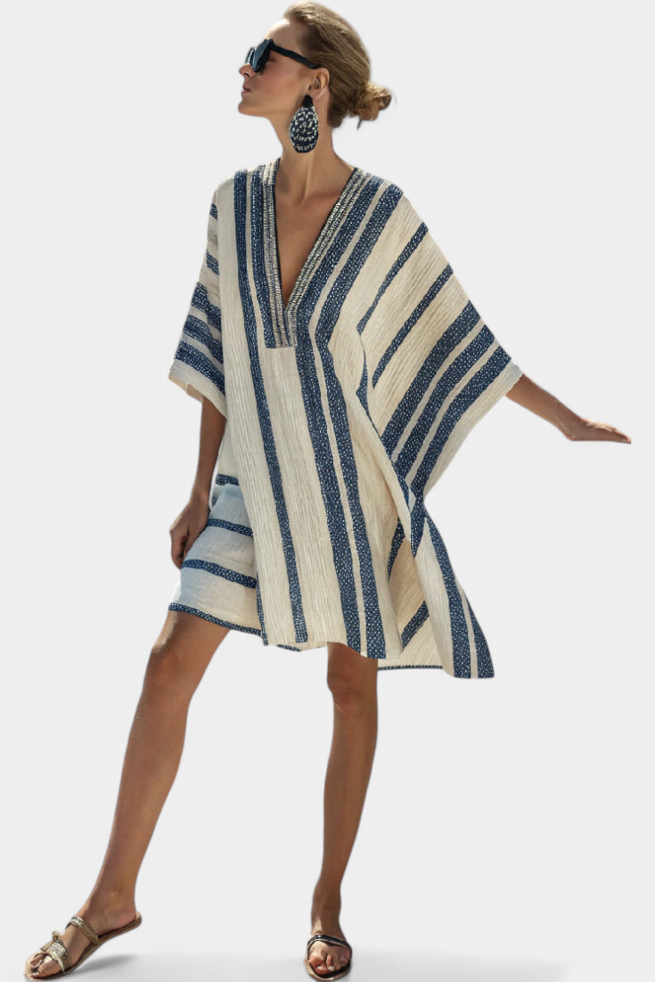 Kailani Vestido Corto de Rayas Negras con Estilo Mediterráneo