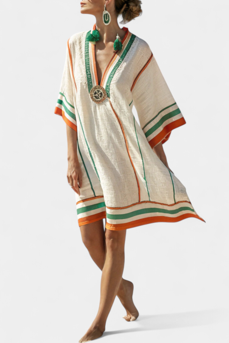 Kailani Vestido Kaftán Corto en Blanco con Bordes Verdes y Naranja