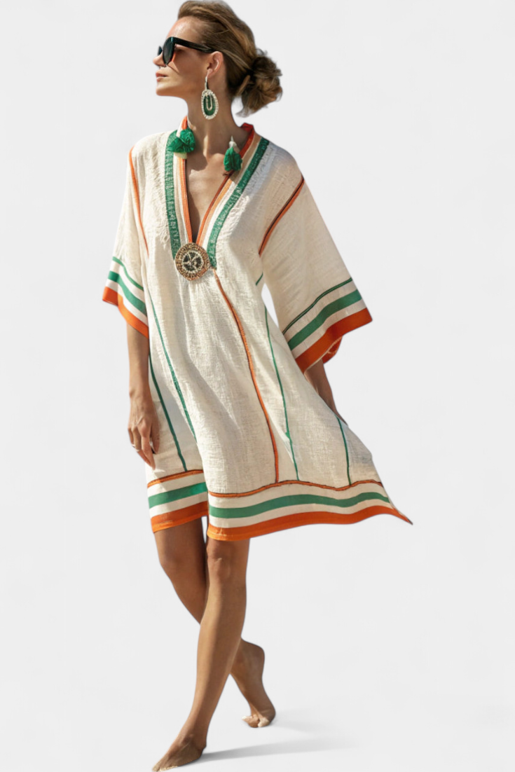 Kailani Vestido Kaftán Corto en Blanco con Bordes Verdes y Naranja