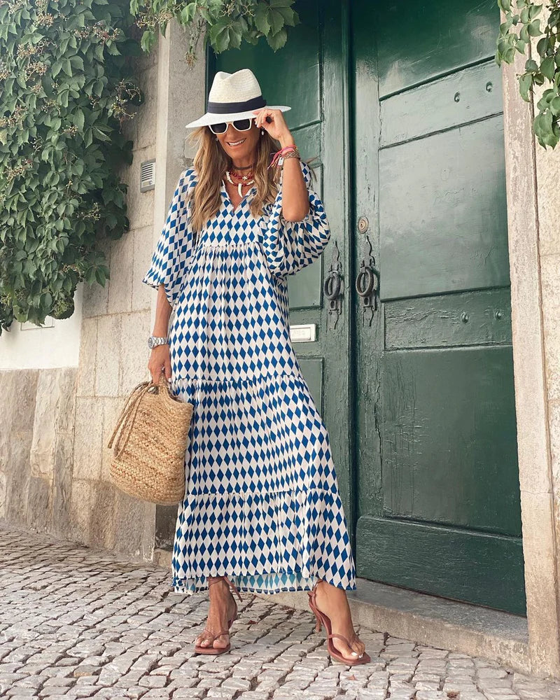 Livia | Vestido geométrico azul y blanco