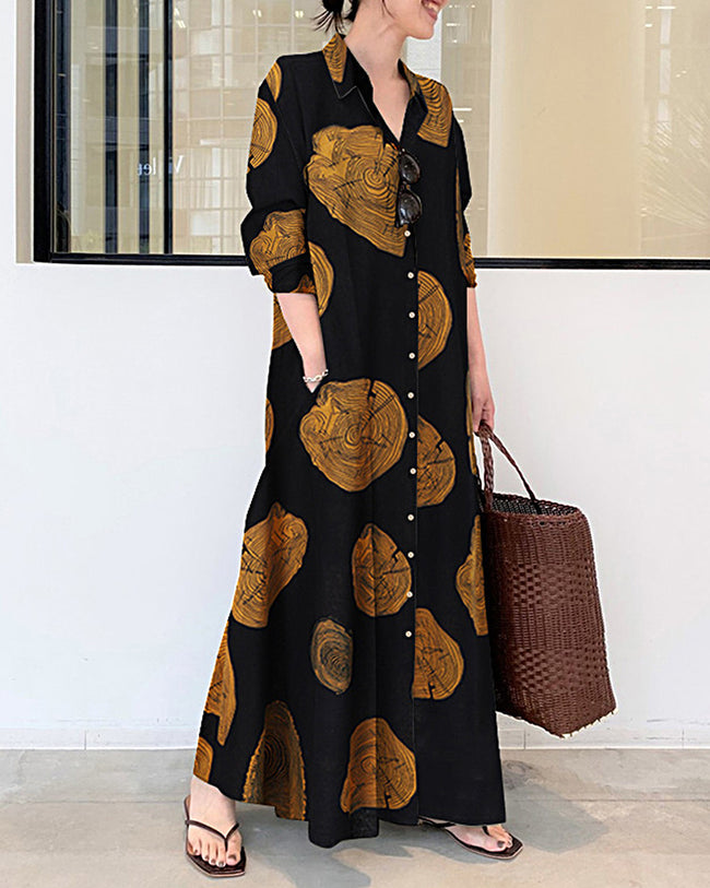 Ropa larga de lino con mangas largas y bloques de colores Impresión Contraste Suelta Grande tamaño Maxi Vestidos