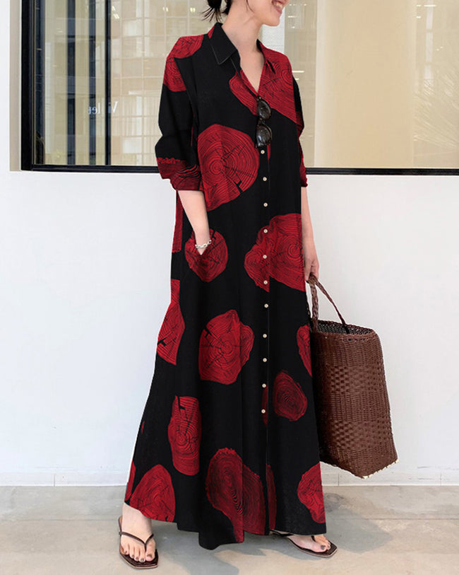 Ropa larga de lino con mangas largas y bloques de colores Impresión Contraste Suelta Grande tamaño Maxi Vestidos