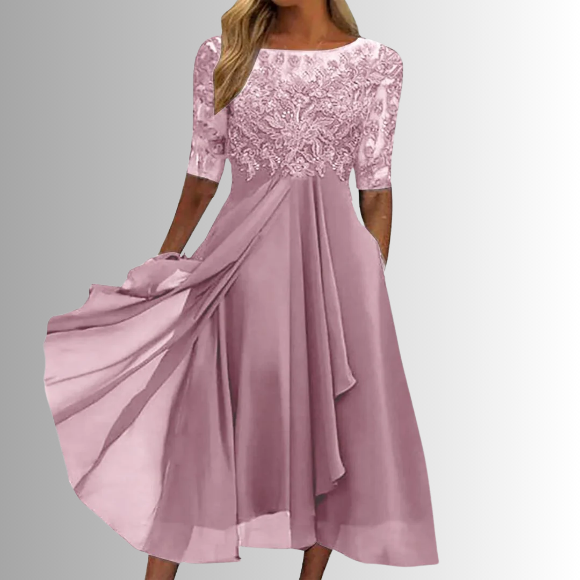 Rhonda | Vestido Midi de Chifón Bordado con Encaje