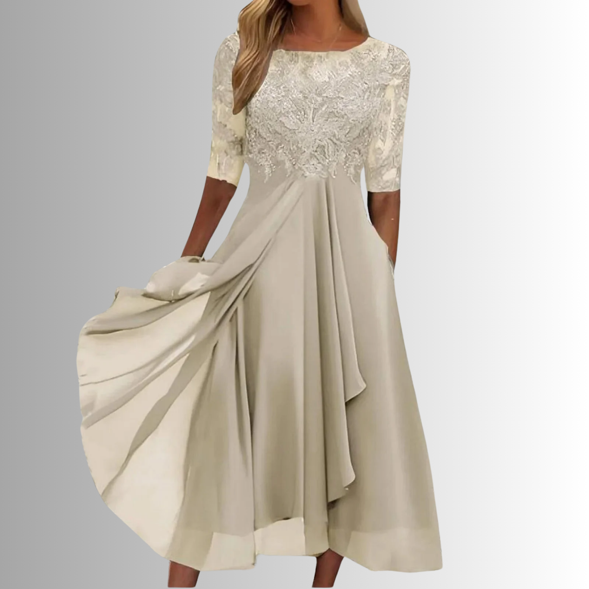 Rhonda | Vestido Midi de Chifón Bordado con Encaje