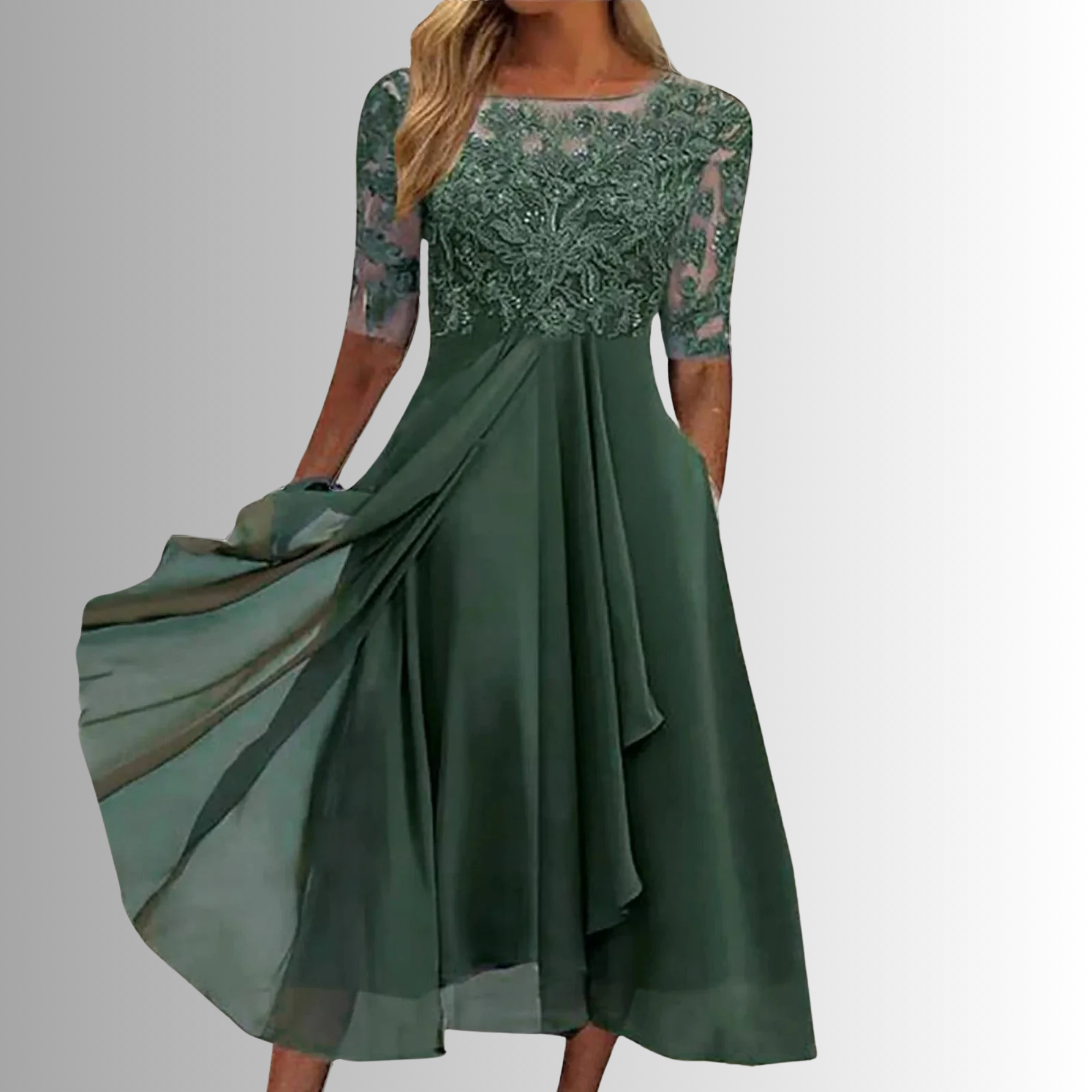 Rhonda | Vestido Midi de Chifón Bordado con Encaje