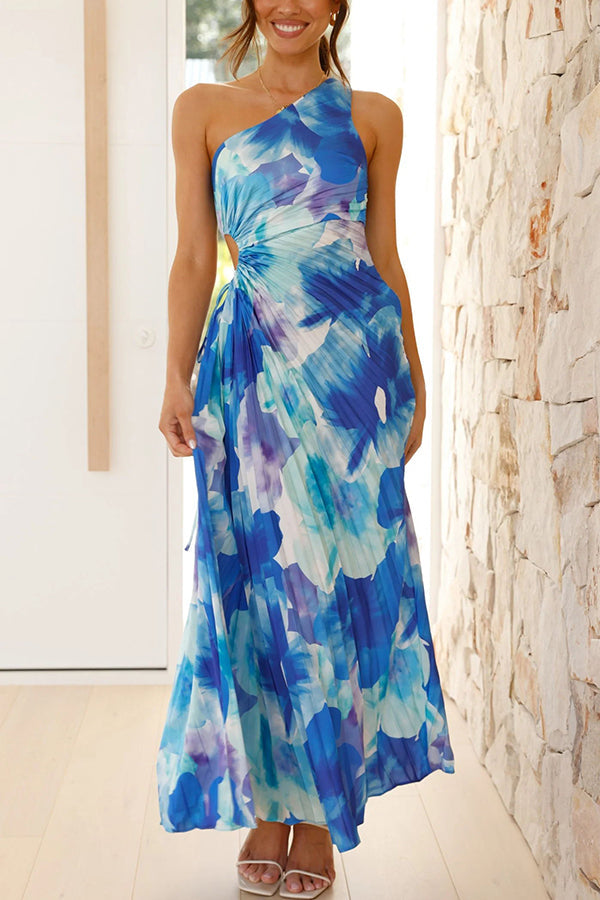 Deja - Vestido Maxi Plisado con Flores de Un Solo Hombro