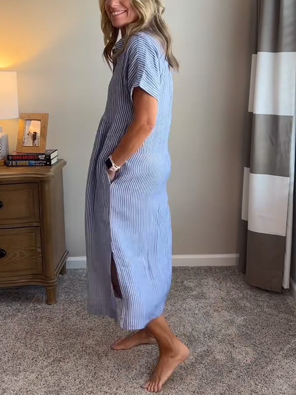 Amandine | Vestido camisa elegante a rayas con cuello de solapa