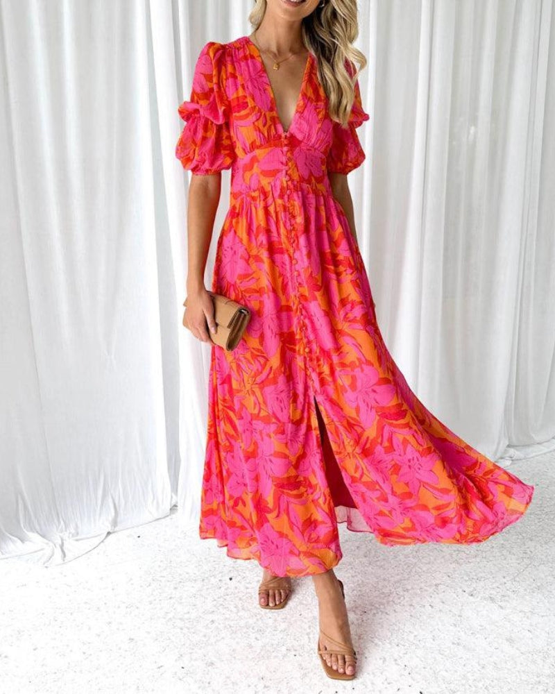 Alva - Elegante vestido maxi de manga abullonada con escote en V