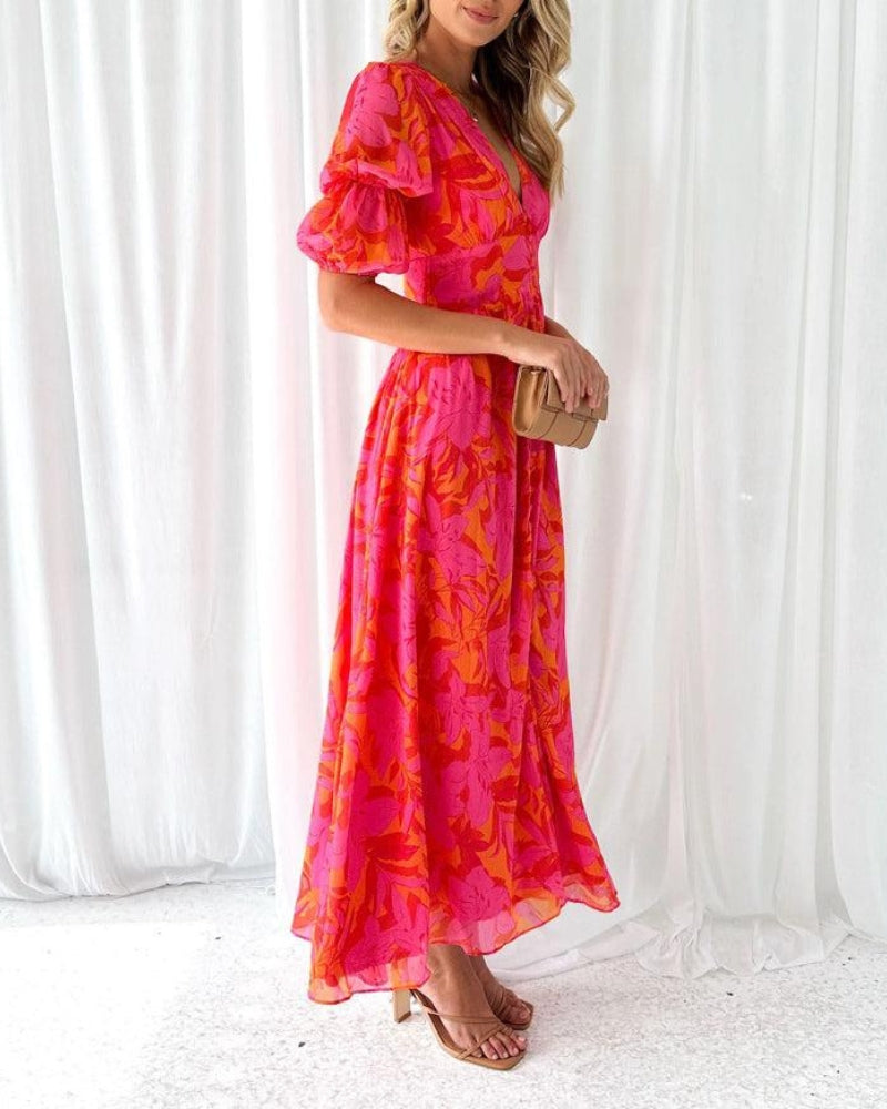 Alva - Elegante vestido maxi de manga abullonada con escote en V