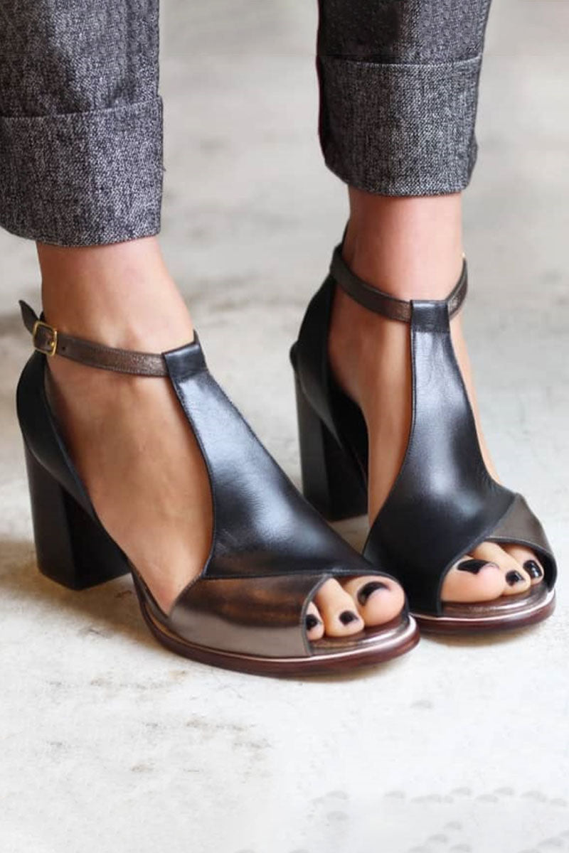 Nadaria | Sandalias peep toe de patchwork negro con tacón