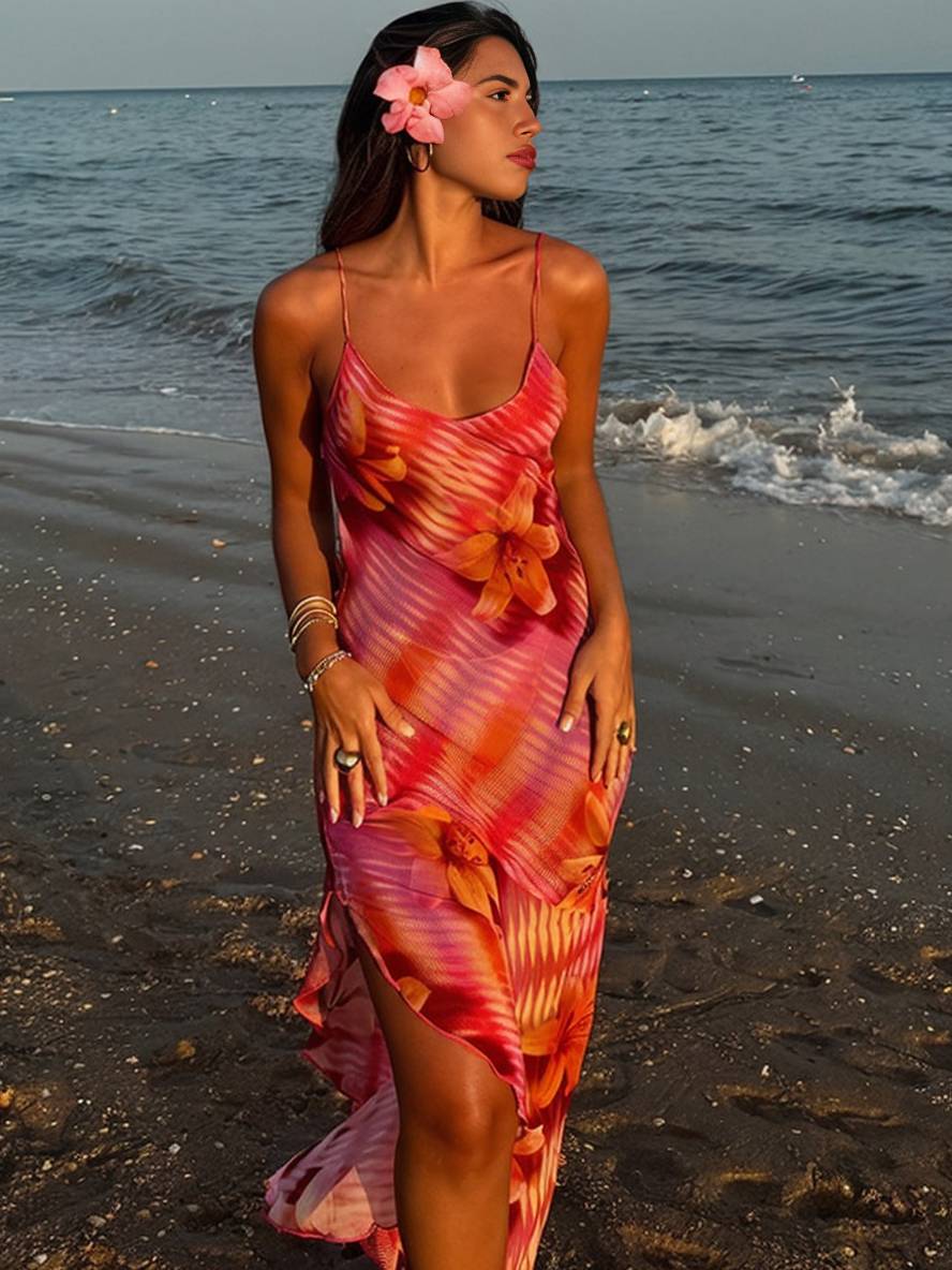 VESTIDO MAXI SIN ESPALDA FLORAL IRREGULAR ISLA