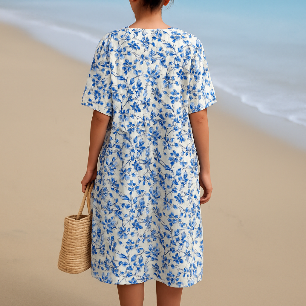 Léonie | Vestido marfil con flores azul porcelana