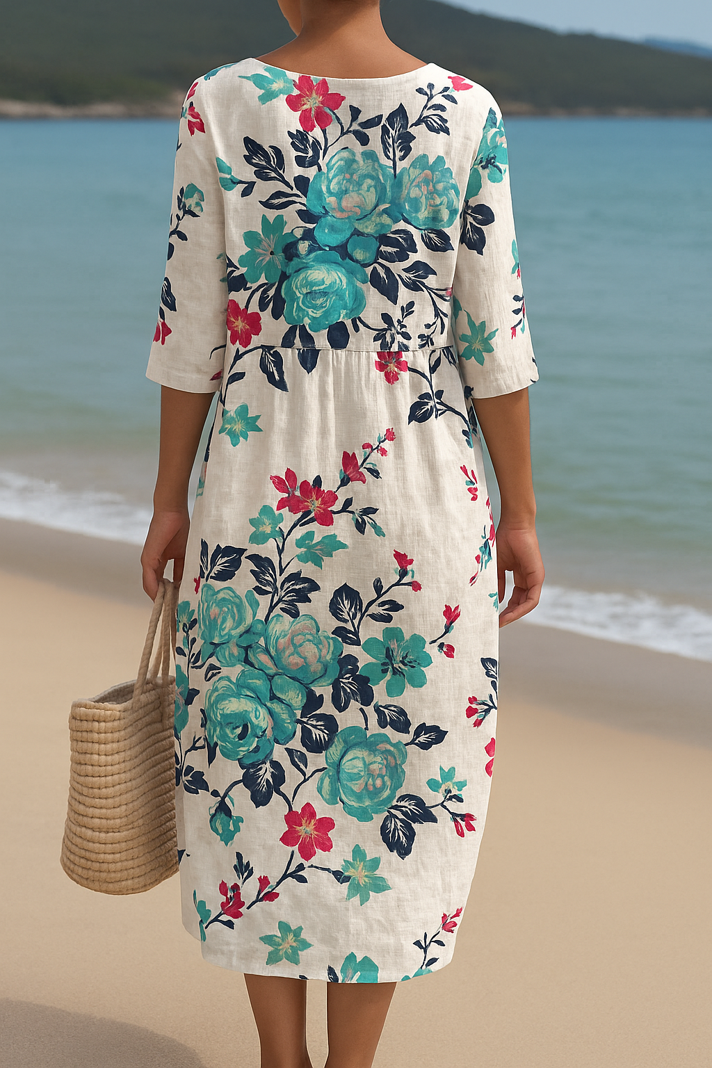 Élodie | Vestido largo blanco con flores turquesas