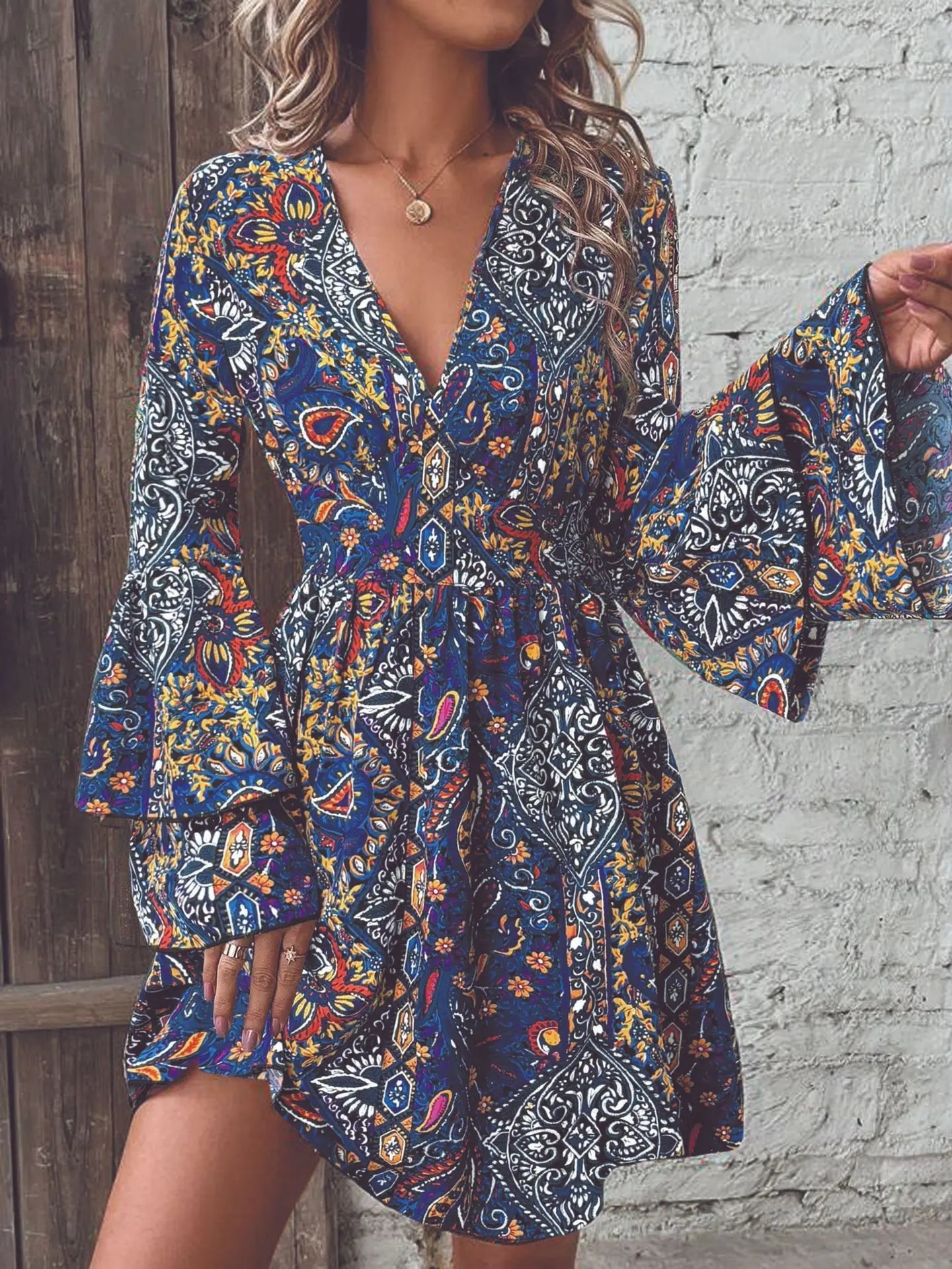 The Alina – Flare Sleeve Floral V-Neck Dress
