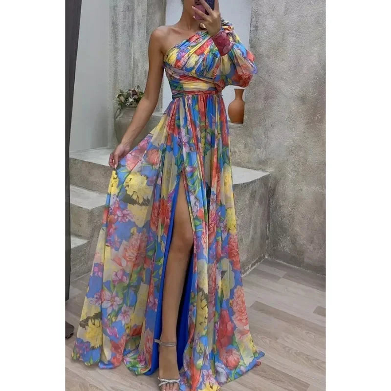 Aby | Vestido Elegante con Flores de Un Solo Hombro