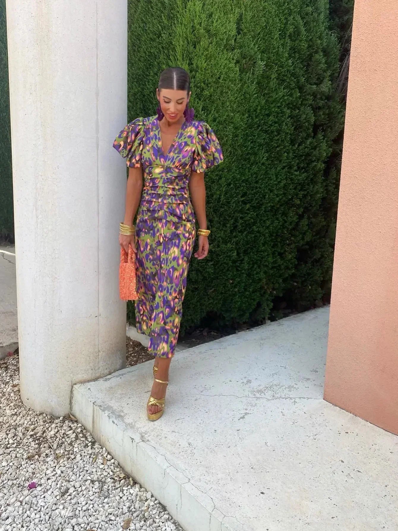 Loren - Vestido Midi con Mangas Abullonadas