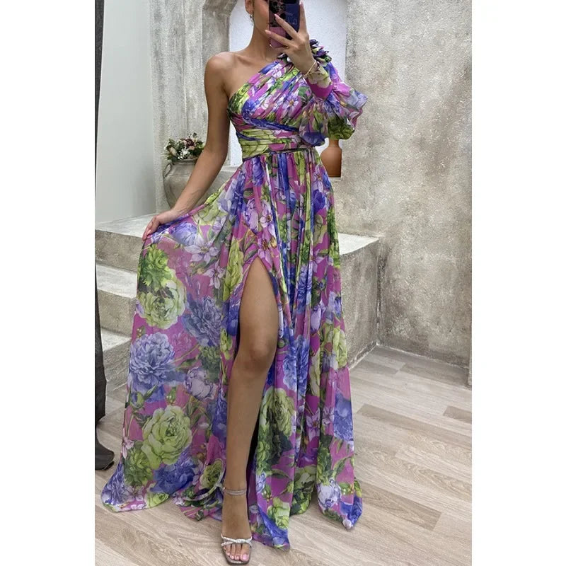 Aby | Vestido Elegante con Flores de Un Solo Hombro