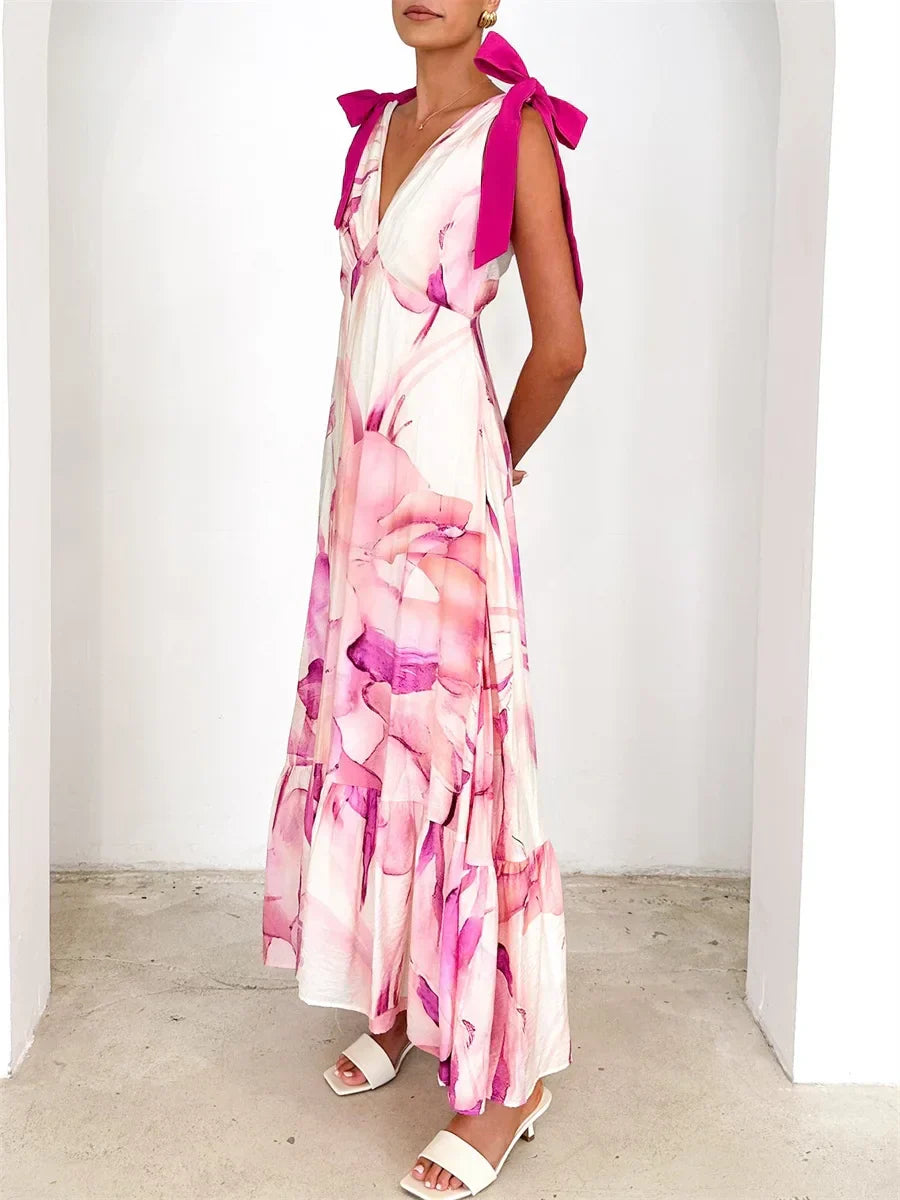 Alba | Vestido Maxi con Nudo en el Cuello y Escote en V