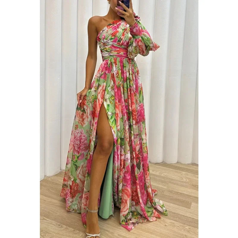 Aby | Vestido Elegante con Flores de Un Solo Hombro