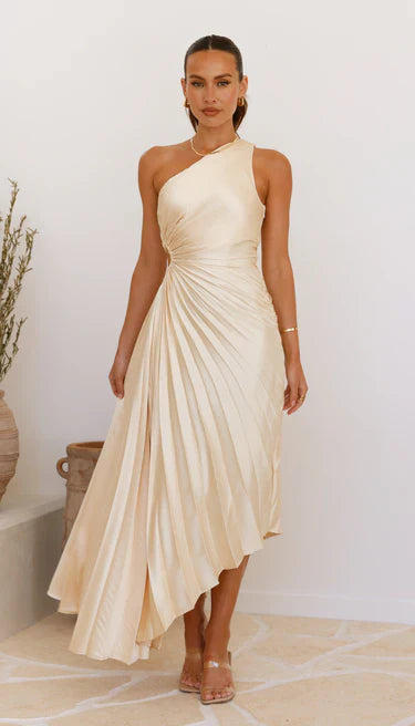 Sylviana - Vestido Midi Plisado de Un Hombro