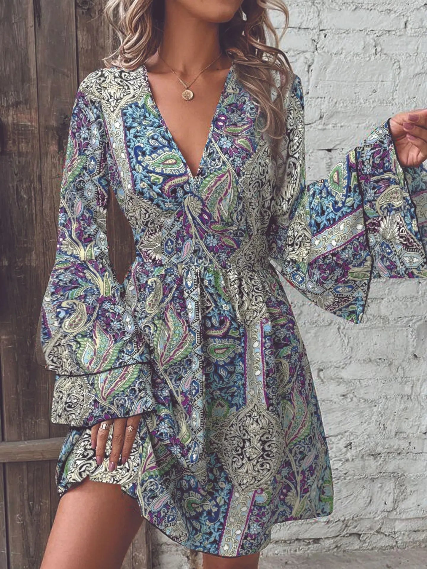 The Alina – Flare Sleeve Floral V-Neck Dress