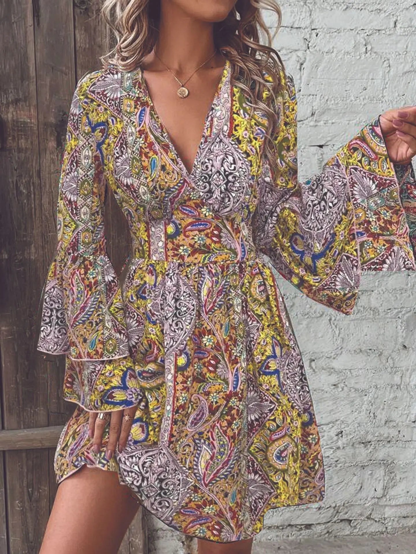 The Alina – Flare Sleeve Floral V-Neck Dress