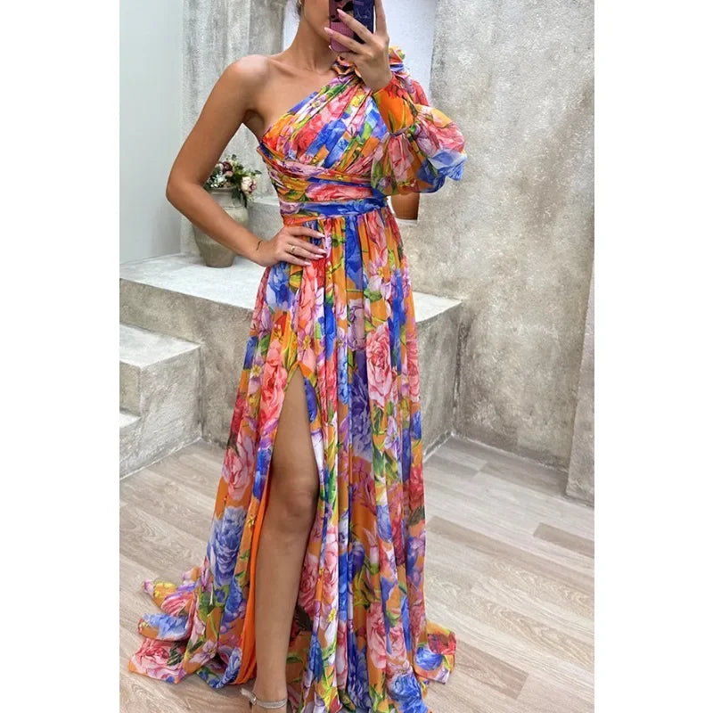 Aby | Vestido Elegante con Flores de Un Solo Hombro