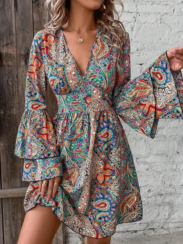 The Alina – Flare Sleeve Floral V-Neck Dress