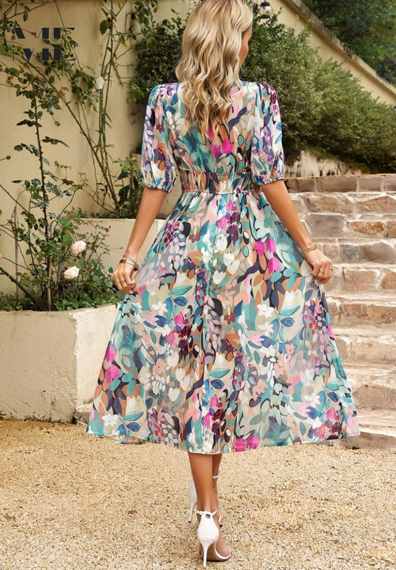 Monica | Vestido Midi Floral con Mangas Abullonadas
