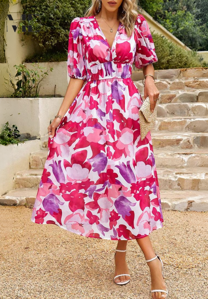 Monica | Vestido Midi Floral con Mangas Abullonadas