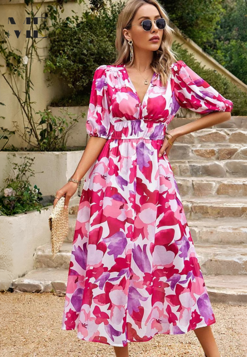 Monica | Vestido Midi Floral con Mangas Abullonadas