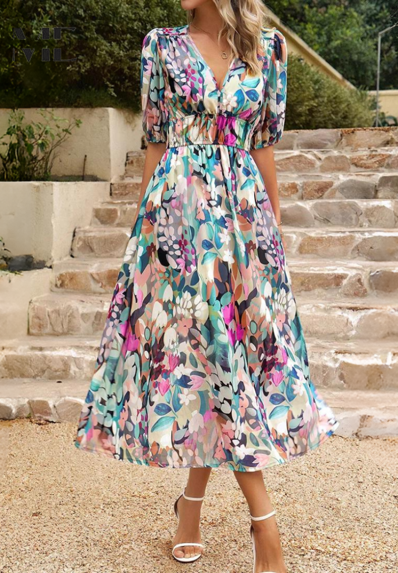 Monica | Vestido Midi Floral con Mangas Abullonadas
